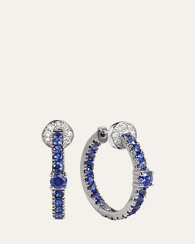 18K White Gold Blue Sapphire and Diamond Hoop Earrings